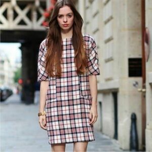 Zara | Women’s Red/White/Blue Tartan Plaid Wool Blend Crewneck Mini Shift Dress